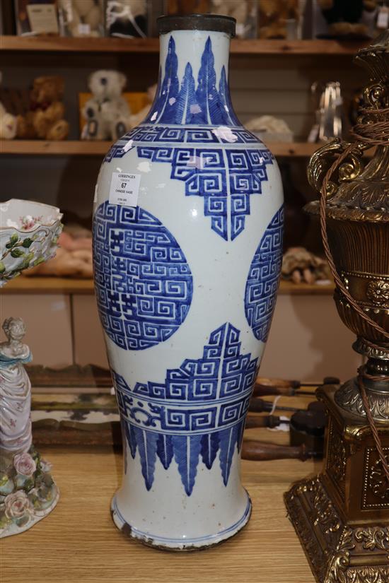 A large 19th century Chinese blue and white baluster vase height 58cm (a.f.)